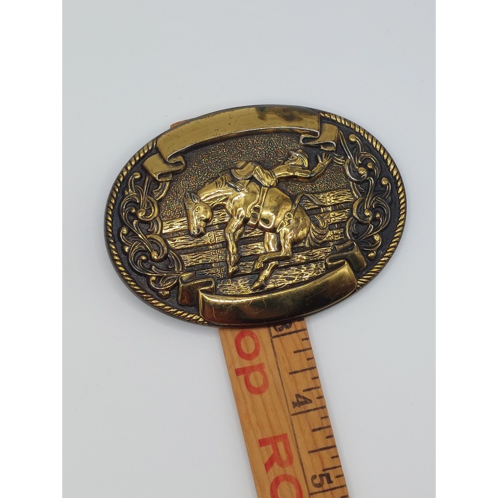 Vintage Western Cowboy Rodeo Bucking Horse Rider Belt Buckle Made USA Gold Oval - Picture 7 of 9